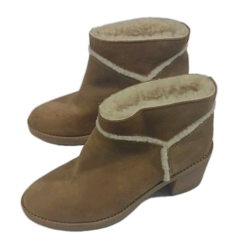 UGG Chestnut Brown Suede Ankle Booties with Shearling Trim